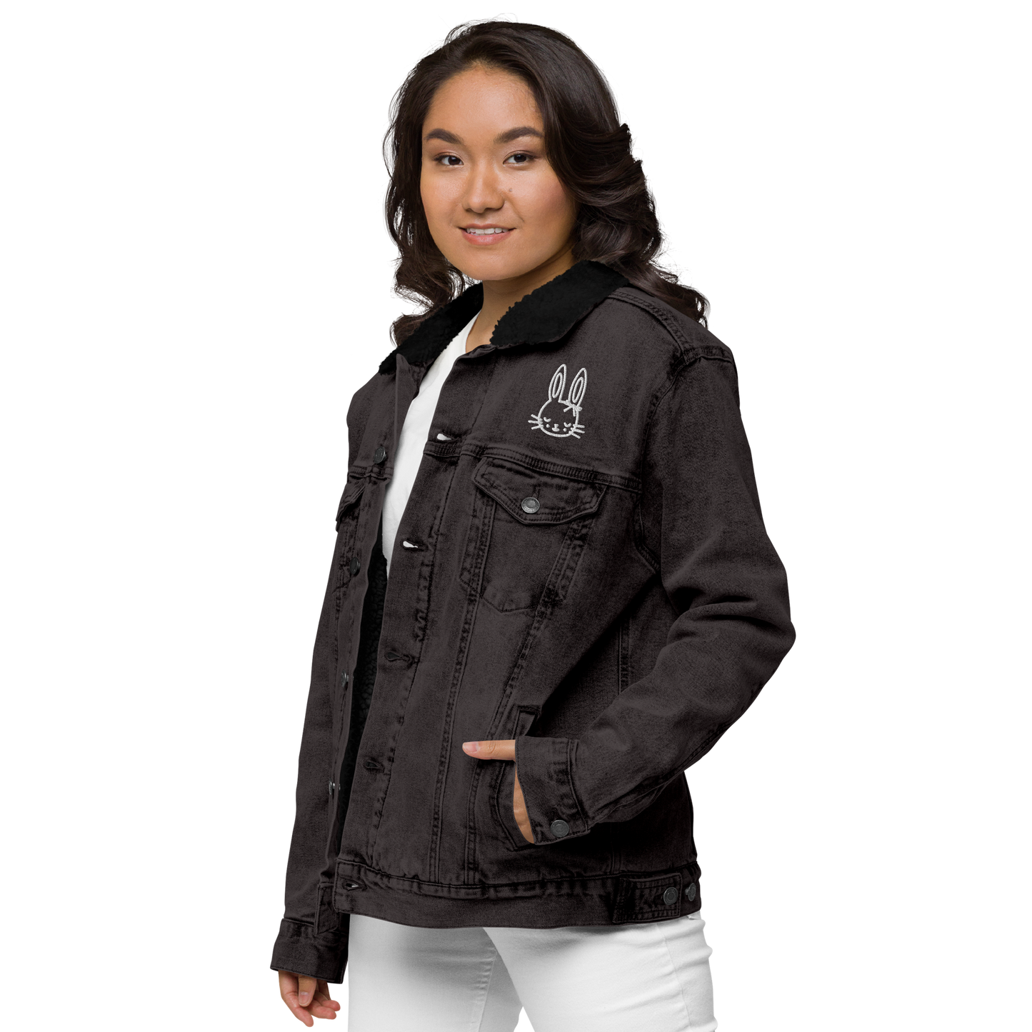 Timeless Denim Sherpa Jacket "White Bunny" -Unisex-